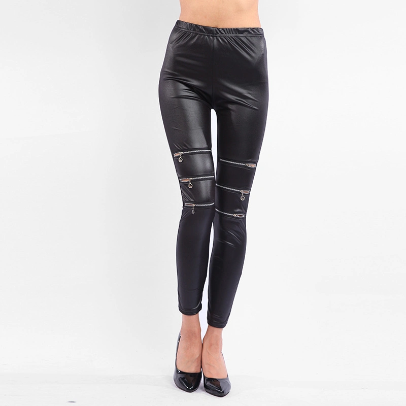 Black Zip Hole Shiny Women Tight Elastic Leggings Street Wear PU Trousers