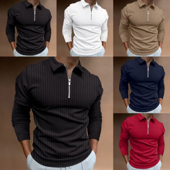 Maßgeschneidertes Freizeit-Poloshirt mit reinen Farbstreifen für Herren, ungefüttertes Obergewand aus lockerem Sportbekleidungs-Langarm-Poloshirt mit individuellem Logo